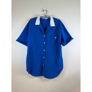 Vintage Carriage Court Short Sleeve Button Down Top, Blue/white